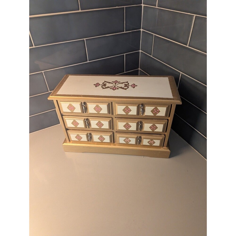 Vintage LARGE WOODEN FLORENTINE TRINKET/JEWELRY Box 6 Drawer Taiwan RARE MCM